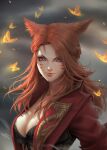  1girl animal_ears blurry blurry_background breasts bug butterfly cat_ears chuby_mi cleavage facial_mark final_fantasy final_fantasy_xiv highres insect jewelry lips long_hair looking_at_viewer medium_breasts miqo&#039;te necklace purple_eyes red_hair slit_pupils smile solo upper_body whisker_markings 