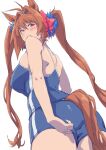  1girl animal_ears arad_baranga bangs bare_arms bare_shoulders blue_swimsuit blush bow breasts brown_hair closed_mouth daiwa_scarlet_(umamusume) from_behind from_below hair_between_eyes hair_bow hair_intakes hair_ornament highres horse_ears horse_girl horse_tail large_breasts long_hair looking_at_viewer looking_back red_bow red_eyes school_swimsuit shorts simple_background sleeveless solo swimsuit tail tiara twintails umamusume very_long_hair white_background 