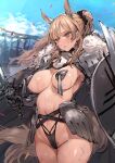  1girl animal_ears arknights armor bangs bikini_armor blemishine_(arknights) blush brown_eyes brown_hair c.cu cape confetti female_pubic_hair fur_trim gauntlets groin holding holding_sword holding_weapon horse_ears horse_tail long_hair navel parted_lips ponytail pubic_hair revealing_clothes shield solo sweatdrop sword tail weapon 