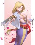  1girl ass balrog blonde_hair blue_eyes border breasts claw_(weapon) falling_petals genderswap highres holding holding_mask jacket long_hair low_tied_hair mask open_clothes open_jacket pants petals pink_background purple_pants revealing_clothes sash shopp sideboob standing street_fighter weapon white_border white_jacket 