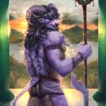  animal_humanoid anthro asian_mythology clothed clothing digital_media_(artwork) dragon dragon_humanoid east_asian_mythology eastern_dragon fur hair hi_res horn humanoid looking_at_viewer male muscular mythology nipples plant purple_body purple_fur purple_hair scalie sky smile smokiiie solo sunset water 