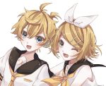  1boy 1girl :d bangs bare_shoulders bass_clef black_collar blonde_hair blue_eyes bow collar commentary copyright_name hair_bow hair_ornament hairclip headphones highres kagamine_len kagamine_rin kagamirror02 looking_at_viewer neckerchief necktie one_eye_closed open_mouth sailor_collar school_uniform shirt short_hair short_ponytail short_sleeves sleeveless sleeveless_shirt smile spiked_hair swept_bangs treble_clef upper_body vocaloid white_background white_bow white_shirt yellow_neckwear 