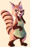  2021 ailurid anthro apron apron_only cheek_tuft clothed clothing facial_tuft full-length_portrait fur head_tuft hi_res looking_at_viewer mammal mostly_nude one_eye_closed open_mouth open_smile portrait red_panda simple_background smile solo tan_background tohupo tuft whiskers wink 
