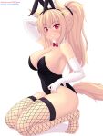  1girl animal_ear_fluff animal_ears bangs bare_shoulders black_headwear black_leotard black_scrunchie blonde_hair blush bow bowtie breasts bunny_ears cat_ears cat_girl cat_tail cleavage covered_navel detached_collar elbow_gloves eyebrows_visible_through_hair fake_animal_ears fishnet_legwear fishnets from_side full_body gloves hair_ornament hair_scrunchie hairband highleg highleg_leotard highres kneeling large_breasts leotard long_hair looking_at_viewer nottytiffy original parted_lips patreon_username playboy_bunny ponytail red_eyes red_neckwear scrunchie sideboob simple_background sleeveless slit_pupils smile solo strapless strapless_leotard tail thighhighs tiffy_(nottytiffy) twitch_username white_background white_gloves wrist_cuffs 