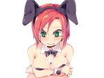  1boy 1girl animal_ears bare_shoulders blank_censor blush breasts bunny_ears bunny_girl censored cum cum_on_body cum_on_breasts detached_collar facial fake_animal_ears green_eyes hairband heart heart-shaped_pupils hetero highres leotard looking_down ls-lrtha mole mole_on_breast open_mouth original paizuri penis pov short_hair simple_background smile solo_focus symbol-shaped_pupils white_background wrist_cuffs 