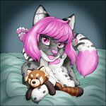  1:1 anthro bed blep domestic_cat ear_piercing ear_ring felid feline felis female fluffy fluffy_chest fluffy_tail fur furniture fynncat grey_body grey_fur hair hi_res industrial_piercing kaffeekatze mammal mixed_breed pawpads paws piercing pink_eyes pink_hair pink_nose pink_tail_tuft plushie savannah_cat solo tongue tongue_out 