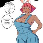  1:1 anthro big_breasts biped blush breasts car clothed clothing digital_media_(artwork) english_text female fur hair huge_breasts lagomorph leporid liz low_res mammal mechanic nipples rabbit smile sockodrawing solo text topwear vehicle 