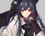  1girl 1other animal_ear_fluff animal_ears arknights bangs black_gloves black_hair black_shirt blush breasts brown_eyes closed_mouth commentary_request doctor_(arknights) eyebrows_visible_through_hair fkskii65 fur_trim gloves grey_background hair_between_eyes hand_on_another&#039;s_head hand_on_own_cheek hand_on_own_face highres jacket korean_commentary long_hair long_sleeves looking_at_viewer multicolored_hair official_alternate_costume open_clothes open_jacket out_of_frame pout pov red_hair shirt simple_background small_breasts solo_focus texas_(arknights) texas_(winter_messenger)_(arknights) two-tone_hair upper_body white_jacket wolf_ears wolf_girl 