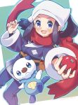  1girl :d black_hair blue_eyes blush brown_bag commentary_request eyelashes female_protagonist_(pokemon_legends:_arceus) floating_scarf gen_5_pokemon hands_up head_scarf highres holding holding_poke_ball open_mouth orange_(orangelv20) oshawott pants poke_ball poke_ball_(legends) pokemon pokemon_(creature) pokemon_(game) pokemon_legends:_arceus ponytail red_scarf sash scarf sidelocks smile starter_pokemon tongue undershirt white_headwear 