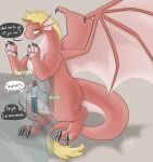  absurd_res azserfy belly belly_squish blonde_hair blush comic dialogue dragon duo female feral hair hi_res human macro male mammal micro micro_on_macro muffled pawpads red_body rumbling_stomach size_difference size_play slightly_chubby squish 
