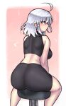  1girl ahoge ass bike_shorts black_bra black_shorts bra breasts fate/grand_order fate_(series) from_behind highres ishibori_eregomos jeanne_d&#039;arc_(alter)_(fate) jeanne_d&#039;arc_(fate)_(all) large_breasts short_hair shorts silver_hair sitting solo sports_bra underwear yellow_eyes 