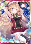  1girl armpits bell blonde_hair blue_eyes boots breasts christmas collaboration falkyrie_no_monshou green_ribbon hat high_heel_boots high_heels holding holding_sack looking_at_viewer medium_breasts night night_sky official_art one_eye_closed ribbon sack santa_costume santa_hat shinkai_no_valkyrie sky star_(symbol) yuraiko 