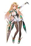  :d aegis_sword_(xenoblade) armpits bangs bare_shoulders black_legwear blonde_hair breasts chest_jewel cleavage cleavage_cutout clothing_cutout dress earrings elbow_gloves full_body gloves highres jewelry large_breasts leaning_forward legs long_hair long_legs matrix16 mythra_(xenoblade) open_mouth pantyhose short_dress smile standing swept_bangs sword thigh_strap tiara very_long_hair weapon white_dress white_footwear white_gloves xenoblade_chronicles_(series) xenoblade_chronicles_2 yellow_eyes 