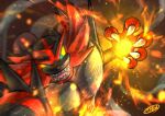  blurry claws colored_sclera commentary_request embers fire gen_7_pokemon green_eyes hand_up incineroar incoming_attack kaosu_(kaosu0905) looking_at_viewer open_mouth pokemon pokemon_(creature) sharp_teeth signature solo teeth tongue yellow_sclera 