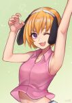  1girl ;d animal_ears armpits arms_up bangs bare_arms bare_shoulders breasts collared_shirt commentary_request dog_ears eyebrows eyebrows_visible_through_hair fake_animal_ears fang floppy_ears gradient gradient_background green_background hair_between_eyes happy highres higurashi_no_naku_koro_ni houjou_satoko looking_at_viewer midriff one_eye_closed open_mouth pink_shirt purple_eyes shirt signature sleeveless sleeveless_shirt small_breasts smile solo tarako_jun upper_body 