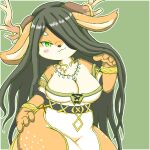  2020 4_fingers anthro antlers big_breasts black_hair blush breasts cernunnos_(full_bokko_heroes) chest_tuft cleavage clothed clothing female fingers full_bokko_heroes_x fullbokko_heroes fur green_background green_eyes hair horn jewelry kemono long_hair multicolored_body multicolored_fur necklace one_eye_obstructed simple_background snout solo standing tabon tan_body tan_fur tuft two_tone_body two_tone_fur white_body white_fur 