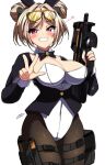  1girl alternate_costume blush bullpup double_bun girls_frontline grin gun light_brown_hair p90 p90_(girls_frontline) playboy_bunny red_eyes sayossa_(pak-front) smile solo submachine_gun v weapon 