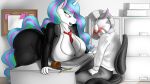  16:9 anthro anthrofied bent_over between_breasts big_breasts blush breasts cleavage clothed clothing equid equine female friendship_is_magic hasbro hi_res horn larger_female male mammal my_little_pony princess_celestia_(mlp) size_difference smaller_male tracer_painter unicorn widescreen zebra 