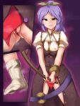  angry brainwashing brown_dress bug buttons charm_(object) corruption dress fly hair_ribbon highres insect kakikorori loincloth looking_at_viewer multicolored_buttons nipples open_clothes open_dress patches purple_background purple_belt purple_hair pussy red_eyes ribbon smell socks stick sweat sword touhou transformation watatsuki_no_yorihime weapon wristband 