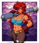  1girl abs arm_strap bangs breasts brown_gloves brown_pants cleavage clenched_hand dark_skin dark_skinned_female gloves gun hair_behind_ear hand_on_hip highres holding holding_gun holding_weapon j.raido large_breasts long_hair looking_at_viewer maria_(space_maria) muscular muscular_female pants pixel_art red_eyes red_hair rocket_launcher sidelocks smile solo space_maria v-shaped_eyebrows weapon yellow_belt 