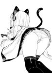  1girl all_fours animal_ears ass blue_archive bow cat_ears cat_tail controller game_controller greyscale hair_bow henry_bird_9 momoi_(blue_archive) monochrome panties pleated_skirt short_hair simple_background skirt solo striped striped_panties tail thighhighs underwear white_background 