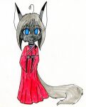  ahoge black_body blue_eyes canid canine clothing dress fox frock hair hi_res long_tail looking_at_viewer mammal traditional_media_(artwork) 