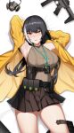  1girl absurdres armpits arms_up bangs bare_legs black_hair black_skirt blush breasts cero_(last2stage) coat commission eyebrows_visible_through_hair gas_mask girls_frontline gun heterochromia highres lanyard large_breasts long_hair long_sleeves looking_at_viewer lying miniskirt mod3_(girls_frontline) multicolored_hair on_back parted_lips red_eyes ro635_(girls_frontline) skirt sleeveless_sweater solo streaked_hair sweater weapon white_hair yellow_coat yellow_eyes 