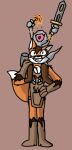  anthro boots canid canine carrying chest_tuft clothing cutlery duo emblem fenn_(furry_trashcan) files food footwear fork fox furry_trashcan_(artist) gloves grey_body hammer handwear hi_res humanoid jewelry kitchen_utensils kobhold leather leather_boots leather_clothing leather_footwear leather_gloves leather_handwear leather_pouch male mammal melee_weapon open_mouth orange_body pasta piggyback smile spaghetti sword tools tuft weapon 