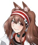  1girl absurdres angelina_(arknights) animal_ear_fluff animal_ears arknights black_choker black_shirt brown_eyes brown_hair choker commentary_request fox_ears hairband highres infection_monitor_(arknights) korean_commentary lamina long_hair looking_at_viewer red_hairband shirt sidelocks simple_background smile solo upper_body white_background 