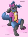  &lt;3 animal_genitalia animal_penis anthro aroused balls bodily_fluids canid canine canine_penis dripping erection fluffy genital_fluids genitals hi_res jewelry knot kraorozkurogane lucario luka_(lucario) male mammal necklace nintendo paws penis pink_background pok&eacute;mon pok&eacute;mon_(species) precum precum_drip purple_eyes simple_background solo video_games 