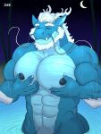  2021 3:4 abs absurd_res anthro arm_hair arm_tuft asian_mythology beard biceps blue_body blue_scales body_hair claws crescent_moon detailed_background dragon east_asian_mythology eastern_dragon eyes_closed facial_hair fangs finger_claws flaccid genitals hair hand_on_chest hand_on_pecs hi_res horn male moon muscular muscular_anthro muscular_male mythology night night_sky nipples nude outside partially_submerged pecs penis scales sharp_teeth smile solo standing star teeth tuft vein veiny_muscles water wet wet_body wet_scales white_hair zourik 
