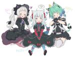  3girls animal_ears blue_eyes blush cat_ears cat_tail closed_eyes commentary_request gawr_gura gothic_lolita green_hair hololive hololive_english lolita_fashion long_hair looking_at_viewer medium_hair multiple_girls murasaki_shion open_mouth short_hair silver_hair simple_background sitting tail teeth thighhighs twintails twitter_username uruha_rushia vinhnyu virtual_youtuber white_background 