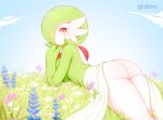  1girl artist_name ass bangs blue_flower blue_sky blush bob_cut breasts closed_mouth cloud colored_skin commentary day english_commentary flower from_behind gardevoir gen_3_pokemon glutine gradient_sky grass green_hair green_skin hair_over_one_eye hand_up happy head_rest highres jpeg_artifacts large_breasts looking_at_viewer looking_back lying multicolored multicolored_skin on_ground on_stomach outdoors pink_flower pokemon pokemon_(creature) red_eyes shiny shiny_skin short_hair sky smile solo two-tone_skin watermark white_flower white_skin 