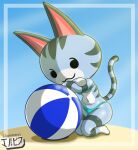  absurd_res animal_crossing anthro ball beach beach_ball bikini black_eyes clothing domestic_cat felid feline felis female fur grey_body grey_fur hi_res jackintaro lolly_(animal_crossing) mammal nintendo sand seaside solo swimwear video_games 