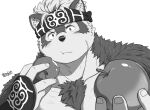  accessory anthro apple blush body_hair canid canine canis chest_hair eating facial_scar food fruit fur headband hijirinoyuta holding_food holding_fruit holding_object horkeukamui looking_at_viewer male mammal monochrome offering_to_viewer plant scar simple_background solo tokyo_afterschool_summoners video_games white_background wolf 