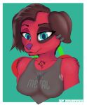 animal_crossing anthro cherry_(animal_crossing) chest_tuft clothed clothing eyebrows eyelashes female fur fur_tuft hair hi_res looking_at_viewer nintendo piercing raised_eyebrow shirt simple_background slight_smile solo sp_advanced tank_top text text_on_clothing topwear tuft video_games 