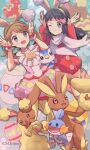  2girls 343rone :d animal_ears bangs blue_hair brown_hair buneary bunny_ears bunny_pose choker dawn_(pokemon) dress egg eyebrows_visible_through_hair fake_animal_ears gen_3_pokemon gen_4_pokemon hair_ornament hairband highres jumping lopunny may_(pokemon) mudkip multiple_girls one_eye_closed open_mouth pantyhose pink_choker pink_dress piplup pokemon pokemon_(creature) pokemon_(game) pokemon_dppt pokemon_masters_ex pokemon_oras scarf smile twitter_username white_scarf yellow_hairband yellow_legwear 