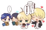  1girl 3boys ahoge artoria_pendragon_(all) black_hair blonde_hair blue_eyes blue_hair chibi fate/stay_night fate_(series) gift gilgamesh_(fate) glasses green_eyes hair_bun highres homurahara_academy_uniform matou_shinji multiple_boys ryuudou_issei saber short_hair translation_request tsubuta_hiro wavy_hair 