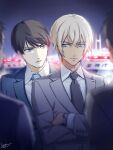  4boys amuro_tooru bangs black_neckwear blonde_hair blue_eyes blue_jacket blue_neckwear blue_suit blurry brown_hair car collared_shirt commentary_request crossed_arms dated depth_of_field facial_hair formal grey_jacket grey_suit ground_vehicle hair_between_eyes highres jacket kouno_kb long_sleeves looking_at_another male_focus meitantei_conan motor_vehicle multiple_boys necktie out_of_frame outdoors parted_lips police police_car purple_eyes scotch_(meitantei_conan) serious shirt short_hair signature sky stubble suit upper_body watch white_shirt wristwatch 