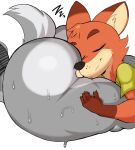  2021 anthro big_butt blush bodily_fluids butt butt_pillow canid canine clothing disney duo eyes_closed face_in_ass female fox hi_res huge_butt judy_hopps lagomorph leporid male mammal nick_wilde purple_yoshi_draws rabbit sleeping smile sweat thick_thighs zootopia 