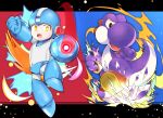  alternate_color android arm_cannon collaboration commentary_request helmet highres kamioka_shun&#039;ya mario_(series) mega_man_(character) mega_man_(classic) mega_man_(series) muuran open_mouth super_mario_world super_smash_bros. tail weapon yellow_eyes yoshi 