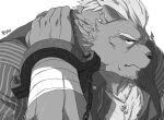  anthro barguest_(tas) clothed clothing ear_piercing fur hair hijirinoyuta jewelry looking_at_viewer male mammal monochrome necklace piercing ring shackles simple_background solo tokyo_afterschool_summoners ursid video_games white_background wraps wrist_wraps 