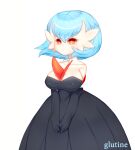  1girl :&lt; alternate_color artist_name bangs bare_shoulders black_dress black_gloves blue_hair blush bob_cut breasts cleavage closed_mouth collarbone colored_skin commentary dress elbow_gloves english_commentary gardevoir gen_3_pokemon gloves glutine hands_together highres jpeg_artifacts large_breasts light_blush mega_gardevoir mega_pokemon pokemon pokemon_(creature) red_eyes shiny shiny_hair shiny_pokemon shiny_skin short_hair simple_background skindentation solo standing strapless strapless_dress v_arms watermark white_background white_skin 