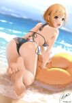  1girl :d aiba_yumi ass bangs barefoot beach bikini black_bikini blonde_hair blush breasts brown_eyes casino_(casinoep) day eyebrows_visible_through_hair feet highres idolmaster idolmaster_cinderella_girls innertube looking_at_viewer looking_back medium_breasts open_mouth outdoors short_hair side-tie_bikini sideboob smile soles solo swimsuit swimwear toes 