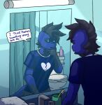  &lt;/3 anthro ash_the_gecko bathroom blue_body blue_eyes brush demoncyborg dialogue emo gecko goth hi_res humanoid lizard male punk punk_hair reptile scalie solo teeth toothbrush 