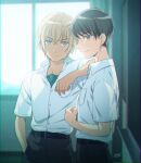  2boys amuro_tooru backlighting bangs belt black_belt black_hair black_pants blonde_hair blue_eyes buttons classroom closed_mouth collared_shirt commentary_request cowboy_shot dated dress_shirt elbow_on_another&#039;s_shoulder eyebrows_visible_through_hair hair_between_eyes hand_in_pocket highres indoors kouno_kb looking_at_viewer male_focus meitantei_conan multiple_boys pants purple_eyes school_uniform scotch_(meitantei_conan) serious shirt shirt_tucked_in short_hair signature smile standing white_shirt younger 