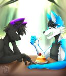  anthro black_body black_fur blue_body blue_eyes blue_fur canid canine canis cute_face dessert domestic_dog duo eating food fur furniture half-length_portrait hi_res male male/male mammal moonfluffmf portrait purple_body purple_fur smile table white_body white_fur wolf 