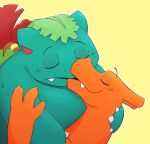  anthro carrying carrying_partner charizard claws duo eyebrows eyes_closed fangs feral green_body happy kissing leonthelionel love male male/male nintendo orange_body plant pok&eacute;mon pok&eacute;mon_(species) romantic_couple semi-anthro slightly_chubby smile venusaur video_games 