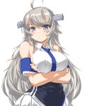  1girl ahoge arms_under_breasts bare_shoulders blue_eyes blue_neckwear breast_hold breasts commentary_request cowboy_shot crossed_arms dd_(ijigendd) headgear kantai_collection large_breasts long_hair looking_at_viewer military military_uniform necktie pleated_skirt shirt silver_eyes silver_hair simple_background skirt sleeveless sleeveless_shirt solo uniform washington_(kancolle) white_background white_shirt white_skirt 