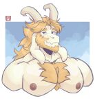  anthro asgore_dreemurr beard blonde_hair body_hair boss_monster bovid bust_portrait caprine chest_hair facial_hair fur hair heterochromia hi_res horn male mammal nipples nude pecs portrait sebirb_(artist) solo undertale video_games vier_punksterne white_body white_fur 